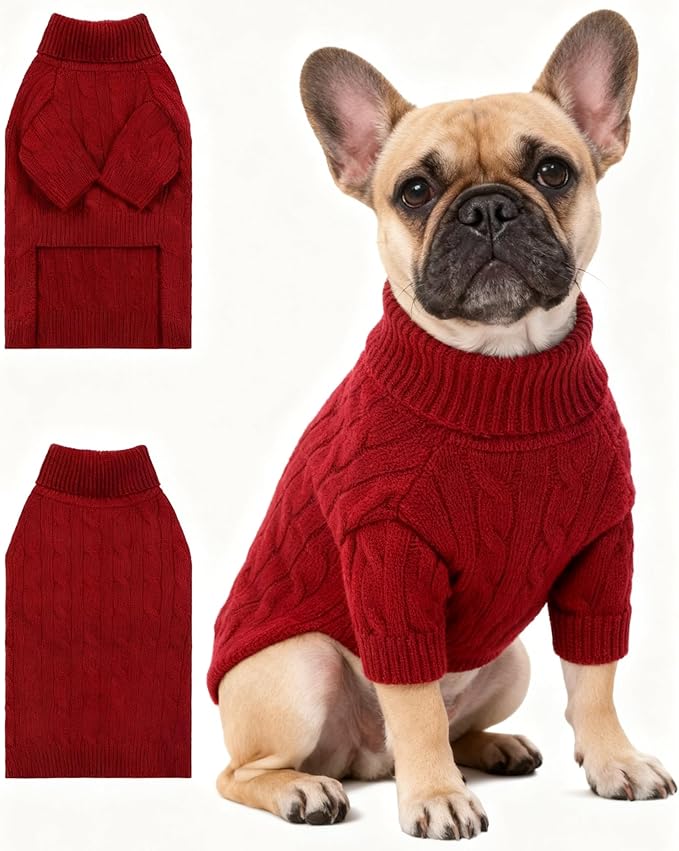 Medium/Large Dog Sweater, Warm Dog Winter Coat w/Sleeves, Comfortable High Neck Premium Dog Clothes for Bulldog-Best for Holidays, Daily Walks L Deep Red