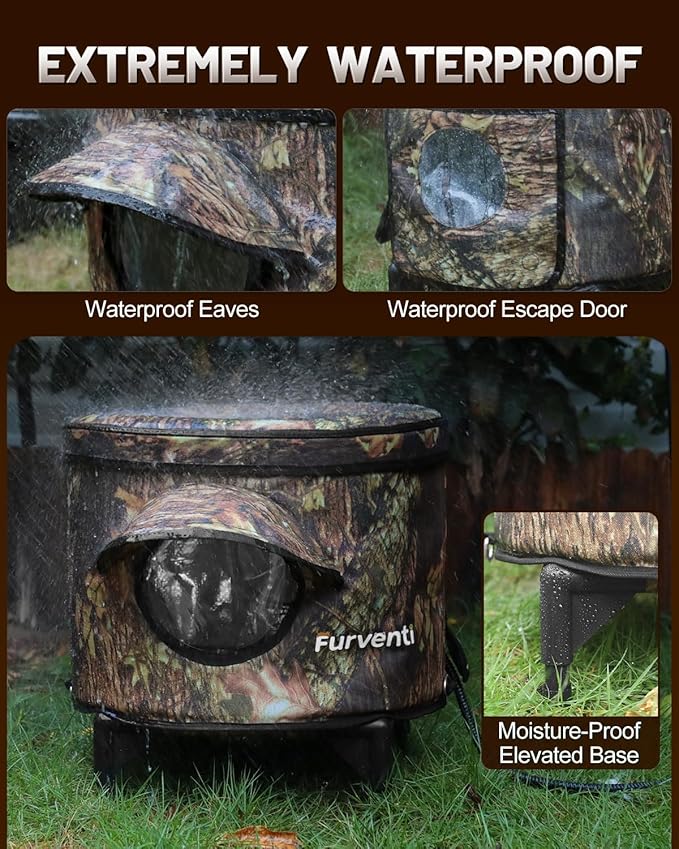 Heated Cat House for Outside,Metal Frame,Barrel Design,Extremely Weatherproof & Insulated in Winter,Elevated Outdoor Cat Shelter with Eaves & Escape Door for Feral Stray Barn Cat(Leaves,Large)