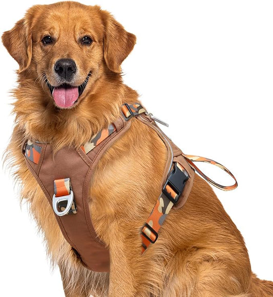 Dog Harness No-Pull with Front & Back D-Rings,Water-Repellent 600D Oxford for Hiking/Training/Walks, Reflective Adjustable Vest, Lightweight Aluminum Hardware Fit for Large Sized Dogs, Camo Orange, XL