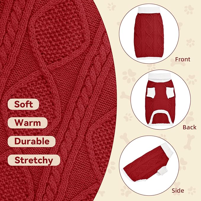 Dog Sweater for Medium Dogs Argyle Cable Knit Turtleneck Pullover Winter Clothes Boys Girls French Bulldog Dachshund Corgi Beagle Pug Pet (M, Red)