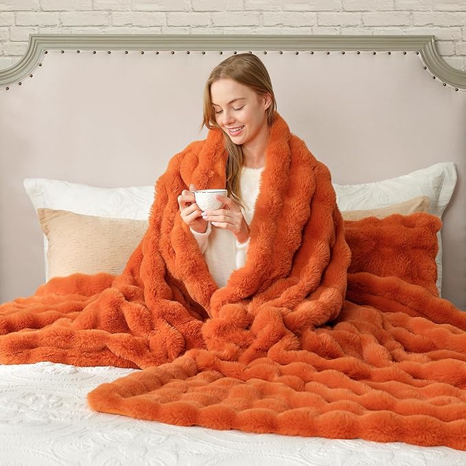 Cozy Bliss Faux Fur Throw Blanket for Couch, Bubble Plush Blanket Queen Size, Fuzzy Soft & Thick Blanket for Fall Bed Sofa Living Room, 90x90 Inches Halloween Burnt Orange