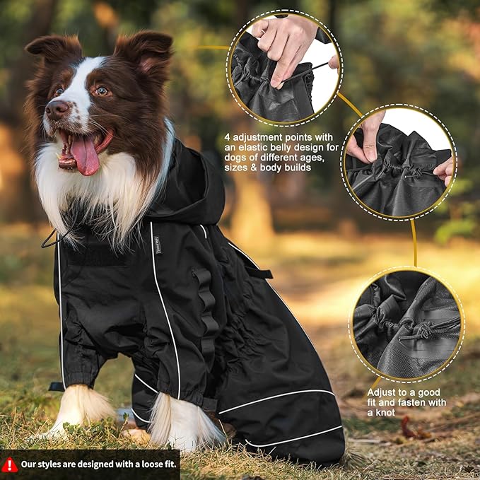 OneTigris Dog Raincoat with Hood for Medium Large Dogs, Waterproof & Reflective, 4 Legs Dog Rain Jacket Adjustable Puppy Poncho for The Rain and Snow (Black, X-Large)
