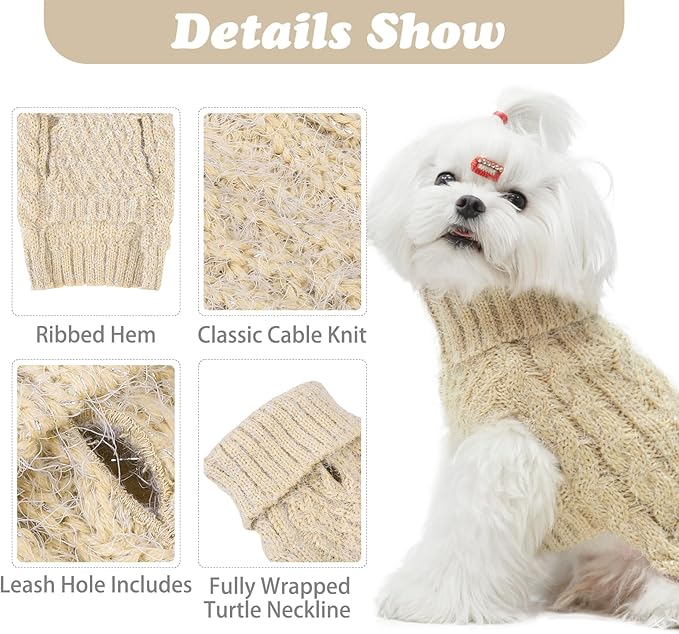 Turtleneck Small Dog Sweaters - Classic Cable Knitwear Winter Coat for Small Medium Dogs Male Female Puppy Dog Cold Weather Clothes Girls Boys, Cream, S