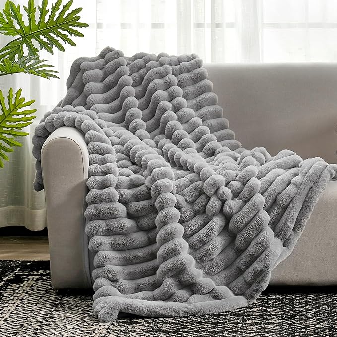 Cozy Bliss Faux Fur Throw Blanket for Couch, Cozy Warm Plush Striped Blanket for Sofa Bedroom Living Room, 60 * 80 Inches Gray