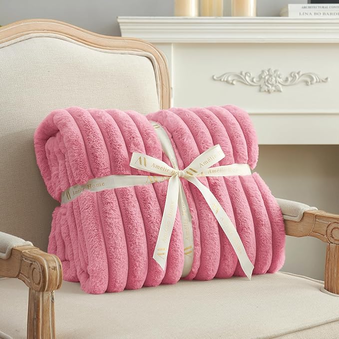 Amélie Home Faux Fur Throw Blanket for Couch, Cozy Fuzzy Fluffy Fur Luxurious Soft Striped Plush Gift Blankets for Family Sofa Chair Bedroom, 55"x70", Pink