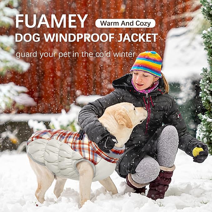 FUAMEY Dog Coat for Small Dogs,Waterproof Dog Winter Jacket with Harness Built in Puppy Cold Weather Coats Reflective Pet Vest with Zipper Warm Fleece Dogs Snowsuit Windproof Red Plaid XS