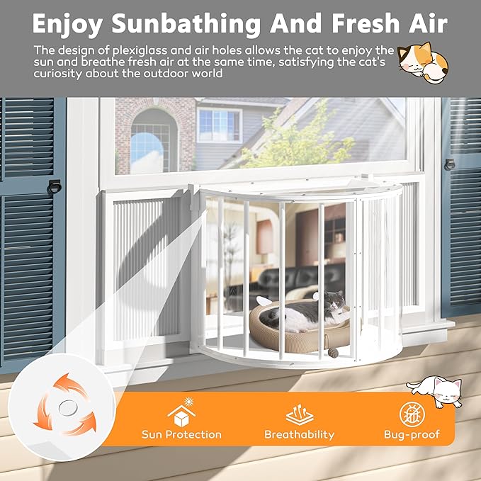 Cat Window Box, Semicircular Adjustable Window Catio, Wooden Cat Window Perch Fits Vertical Window Frames 26" to 42" Wide, Sunbathing, Napping & Overlooking, White