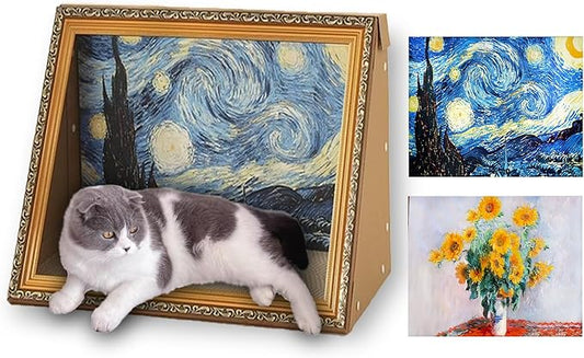 Horizontal Oil Painting Cat Scratcher& Bed - Durable Art Frame with Replaceable Art, Cat House for Indoor Cats Simple-Assembled Bed Creative Home Decoration(Starry Night &Sunflower)