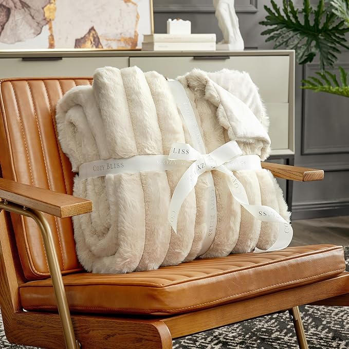 Cozy Bliss Faux Fur Throw Blanket for Couch, Cozy Warm Plush Striped Blanket for Sofa Bedroom Living Room, 60 * 80 Inches Beige