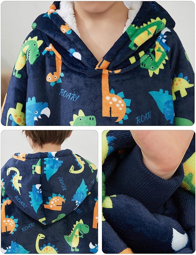 KFUBUO Dinosaur Wearable Blanket Hoodie for Kids Sherpa Patterns Oversized Sweatshirt Blanket with Pocket 6-10 Year Old Boys&Girls Birthday Gifts