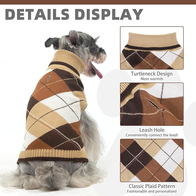 KOOLTAIL Dog Sweater Pet Knitted Clothes - Classic Plaid Pullover Turtleneck Thick Warm Fall Dog Sweaters with Leash Hole, Soft Winter Coats for Small Medium Large Dogs Cats Puppy Girls Boys, S
