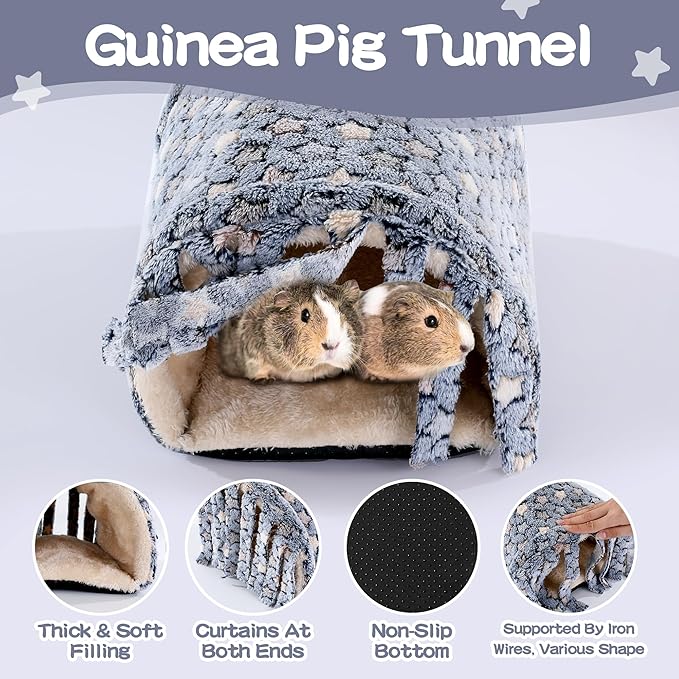 MABOZOO 3 Pack Guinea Pig House Accessories, Washable 2 Guinea Pig House and Hideout Tunnel with Curtains, Chinchilla Hideout for Hamster, Rabbit, Bunny, Chinchillas (Blue-Star)