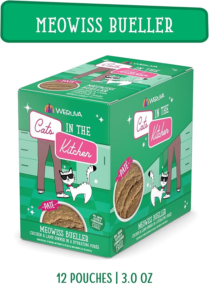 Weruva Cats in The Kitchen Slide N' Serve Grain-Free Natural Wet Pate Cat Food Pouches, Meowiss Bueller, 3oz Pouch (Pack of 12)