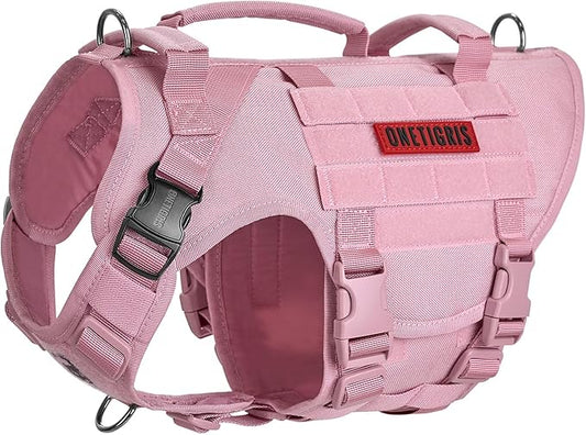 OneTigris Large Tactical Dog Harness, No Pulling Adjustable Dog Vest Harness, Heavy Duty Dog Harness with Handle, Large Hook and Loop Panels for Patch(Pink,XL