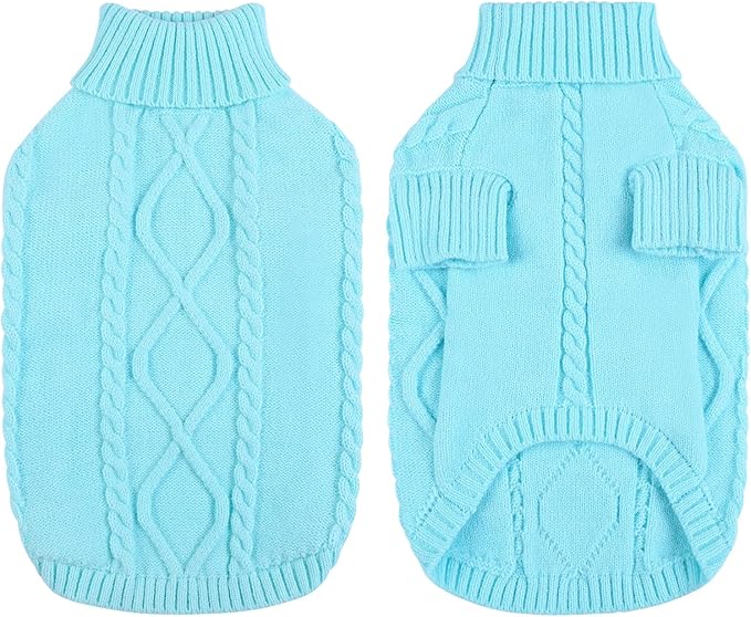 Queenmore Small Dog Pullover Sweater, Cold Weather Cable Knitwear, Classic Turtleneck Thick Warm Clothes for Chihuahua, Bulldog, Dachshund, Pug (Sky Blue, X-Small)