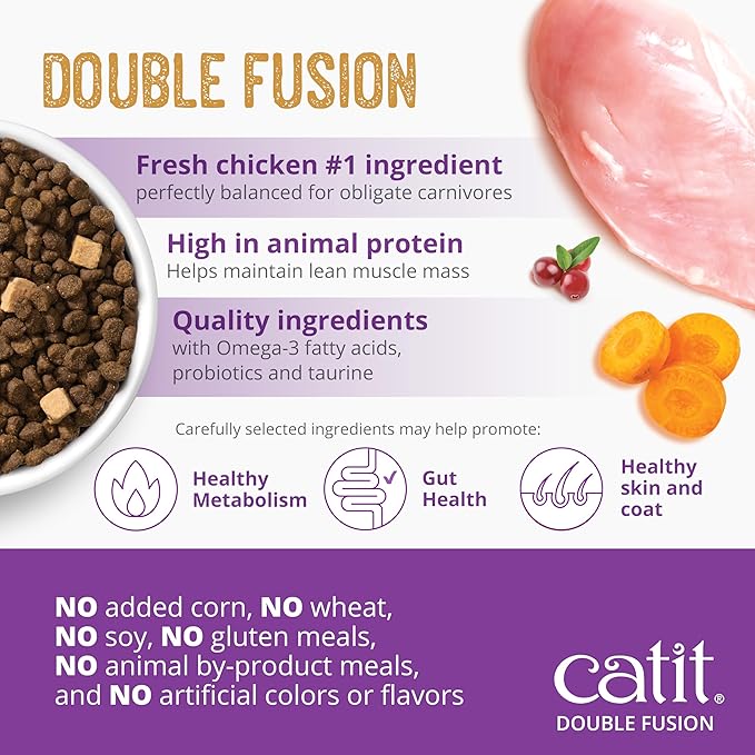 Catit Recipes Double Fusion Indoor Cat Food – Chicken Recipe, High-Protein, Freeze-Dried Raw Toppings, No by-Products, Minimally Processed, Balanced Nutrition for Indoor Cats, 4 lb