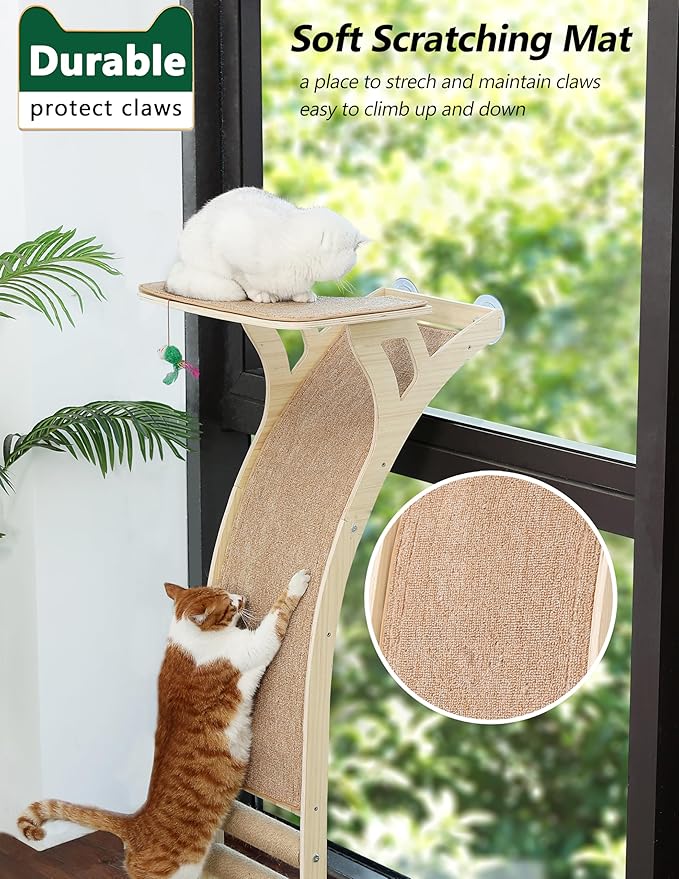 Cat Window Perch with Scratcher Ramp, 48" Climbing Tree Suctions Cups to Window Maximum Hold Up to 45lb, Wood Kitty Bed for Small Window