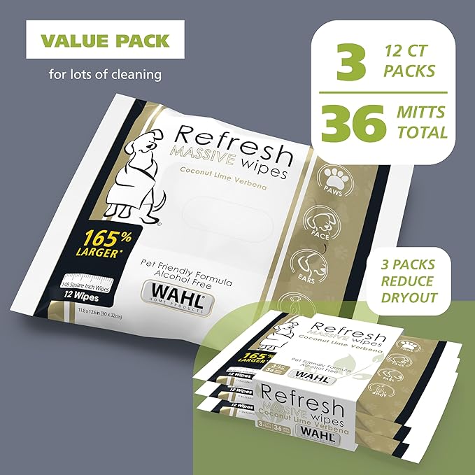 Wahl Refresh Massive Dog Wipes for Cleaning and Odor Control, Face, Body, Butt and Paw Cleaner for Dogs, Coconut Lime Verbena Scent, 36 Count, Model 3027119