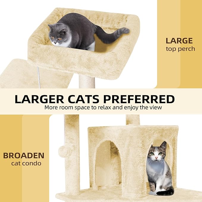Cat Tree 54-Inch Cat Tower with Padded Plush Perch 2 Comfy Caves, Scratching Posts, Basket, 2 Pompoms, Multi-Level Plush Cat Condo for Indoor Cats Kittens, Beige
