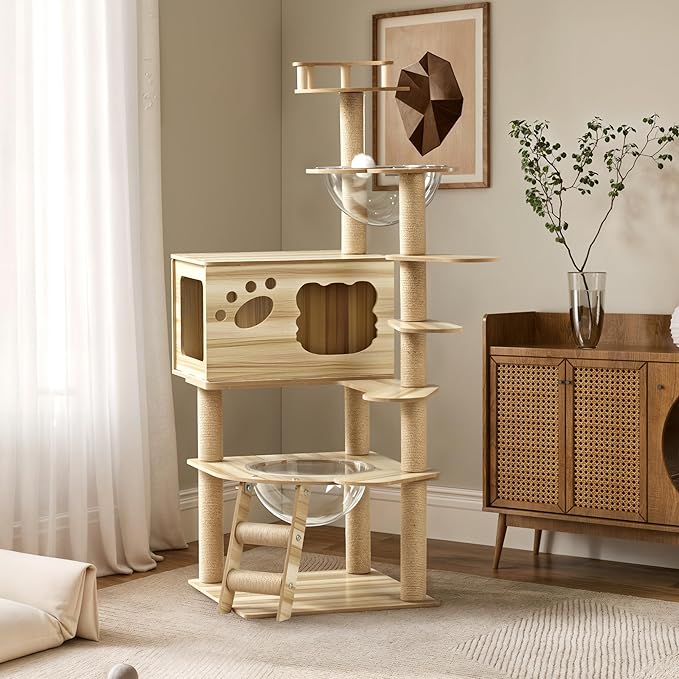 EUREKA ERGONOMIC Cat Tree Large 52 Inch, Wooden Cat Tower Multi-Level Cat Tree Tower for Indoor Cats Large Adult with Scratching Post, House, Pompoms, Cat Stand with Scratch Pad (Yellow)