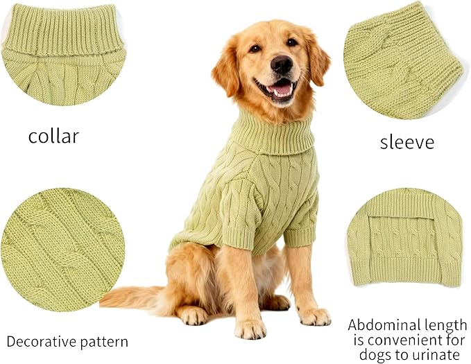 Medium/Large Dog Sweater, Warm Dog Winter Coat w/Sleeves, Comfortable High Neck Premium Dog Clothes for Golden Retriever-Best for Holidays, Daily Walks XXL Light Green