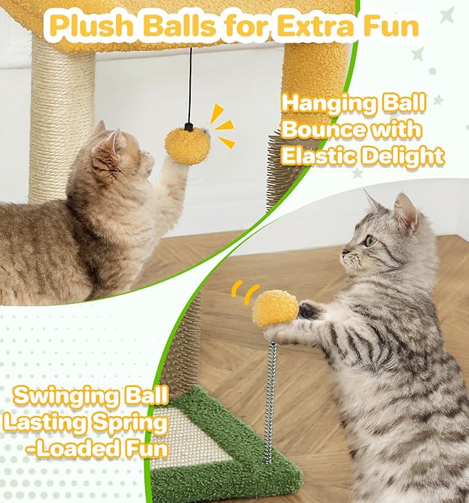 Made4Pets Small Cat Tree Tower, Cat Scratching Post 4-in-1 with Cat Self Groomer Brush, 20" Tall Natural Sisal Cat Scratcher, Soft Plush Cat Perch Bed with Dangling Ball for Indoor Kittens, Green