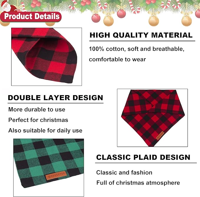 ADOGGYGO 4 Pack Dog Bandana Christmas Classic Plaid Bandana Scarf, Multiple Sizes Offered, Blue White Green Red Plaid Bandana for Medium Large Dogs (Large)