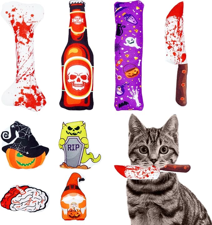 Halloween Cat Toys for Indoor Cats Catnip Kick Toys with Crinkle Paper Inside Kitten Interactive Training Chewing Plush Toy 8 Pcs