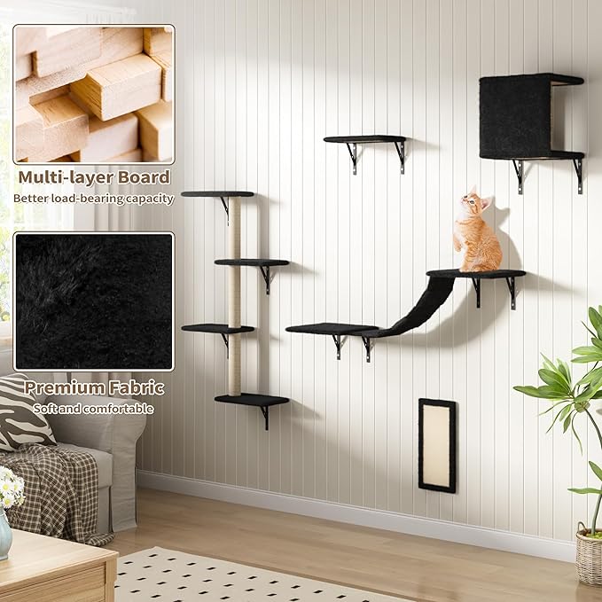 Cat Wall Shelves, Wall Mounted Cat Furniture, Cat Wall Cimber with Perches, Scratchers and Condo, Set of 5 (Black)