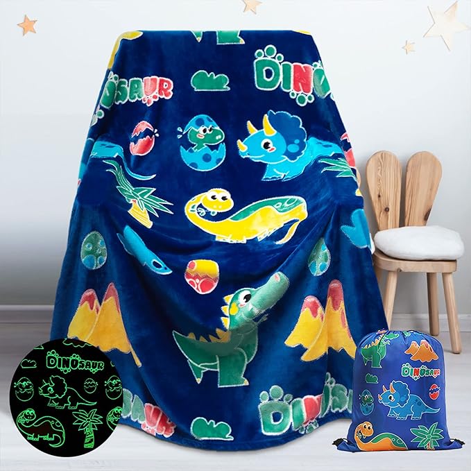 Glow in The Dark Dinosaur Blanket Gifts for 1-10 Year Old Boys Girls ,Dino Soft Kids Blankets,Dino Party Blankets,Luminous Toys Birthday Christmas Halloween Thanksgiving Easter Gifts,60 x 50in