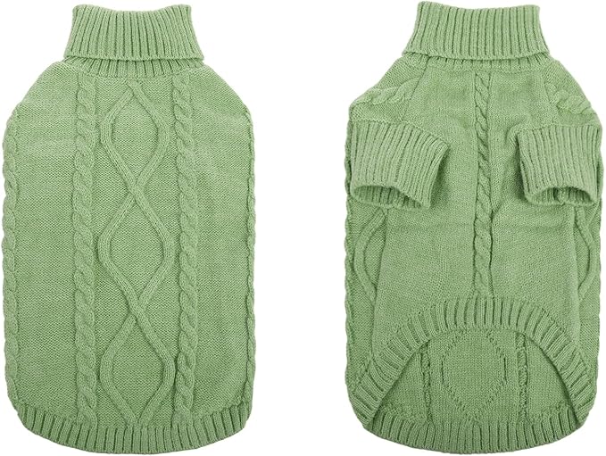 Queenmore Small Dog Pullover Sweater, Cold Weather Cable Knitwear, Classic Turtleneck Thick Warm Clothes for Chihuahua, Bulldog, Dachshund, Pug, Yorkie (Green, Large)