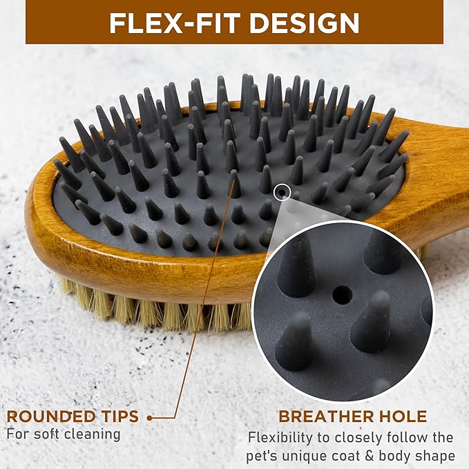 TAKAVU Short Hair Dog & Cat Deshedding Brush - Double Sided Grooming Tool with Silicone Massage & Bristle Sides - Removes Loose Fur & Dirt - Wood Handle