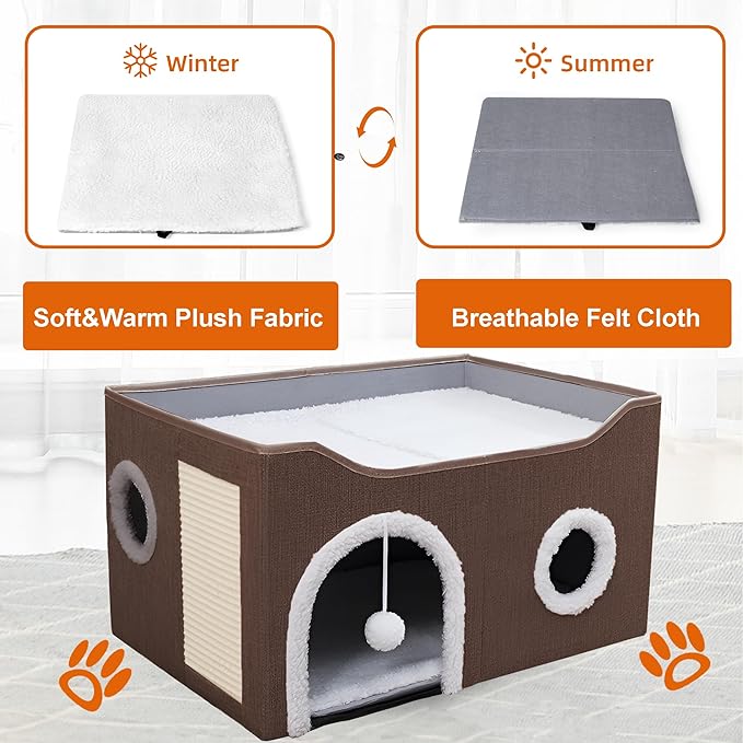 Cat Houses for Indoor Cats - Large Cat Bed Cave with Scratch Pad and Fluffy Ball, Foldable Cat Condo Hideaway with Reversible Cushion for Multi Small Pet，Brown