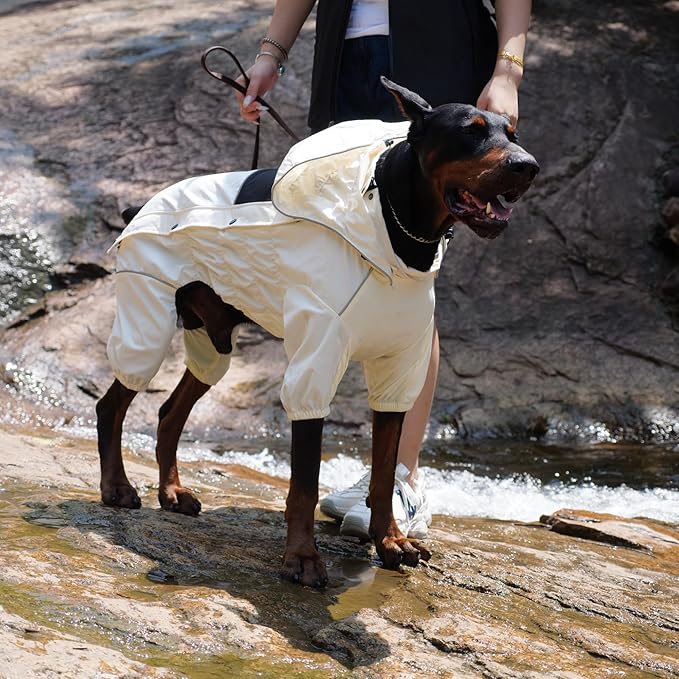 LOVELONGLONG Waterproof Dog Raincoat with Removable Hood – Outdoor Full Body Dog Jacket, Windproof Snowproof Shell Suit – All Season Pet Rain Gear Ivory L