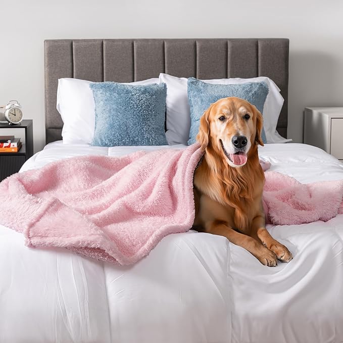 PetAmi Fluffy Waterproof Dog Blanket for Bed Large Dogs, Soft Warm Pet Sherpa Throw Pee Proof Couch Cover, Reversible Cat Blanket Sofa Crate Kennel Protector, Washable Mat Queen (Pink Blush, 90x90)