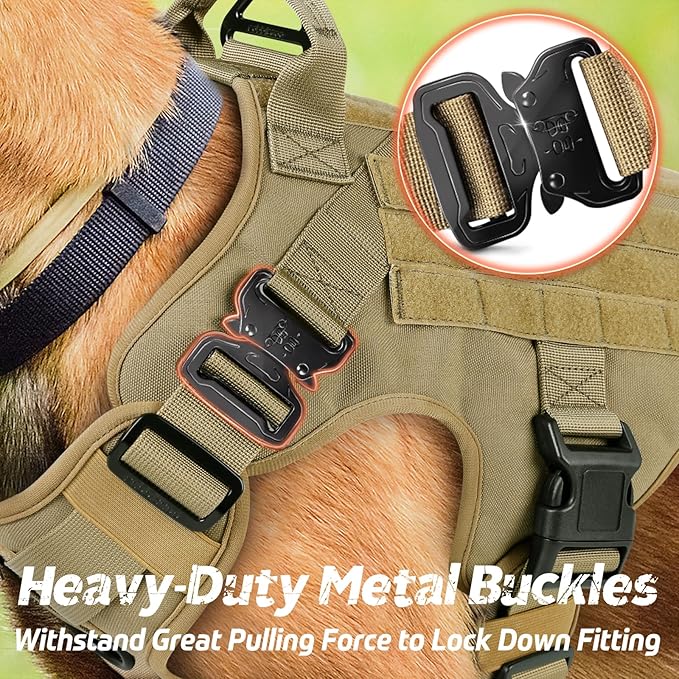 rabbitgoo Tactical Dog Harness for Large, Heavy Duty Pet Harness with Handle, No-Pull Service Vest Large Breed, Adjustable Military Dog Vest for Training Hunting Walking, Brown, XL
