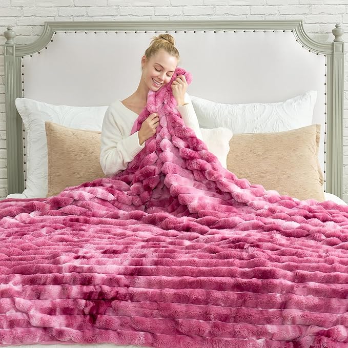Cozy Bliss Faux Fur Throw Blanket for Couch, Cozy Warm Plush Striped Blanket for Sofa Bedroom Living Room, 90 * 90 Inches Tie-dye Pink