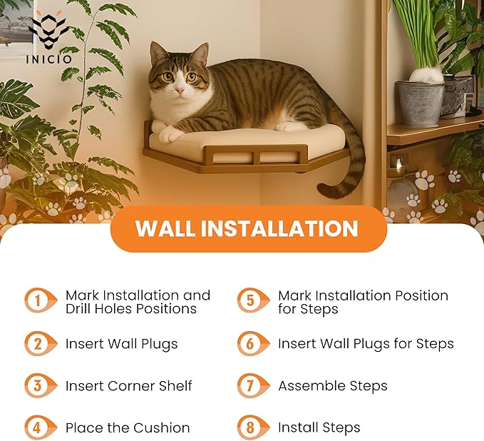 INICIO Cat Wall Shelves - Modern and Durable 3 Step Cat Furniture for Wall - Stylish Birch Floating Shelf for Cats up to 15lbs - Wooden Corner Shelves with Cushioned Perch - Natural Wood