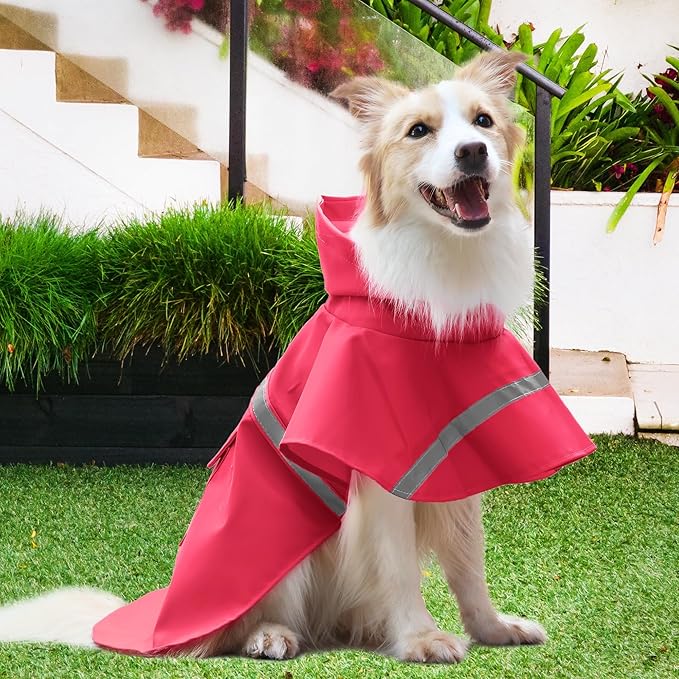 NACOCO Large Dog Raincoat Adjustable Pet Water Proof Clothes Lightweight Rain Jacket Poncho Hoodies with Strip Reflective (XL, Red)