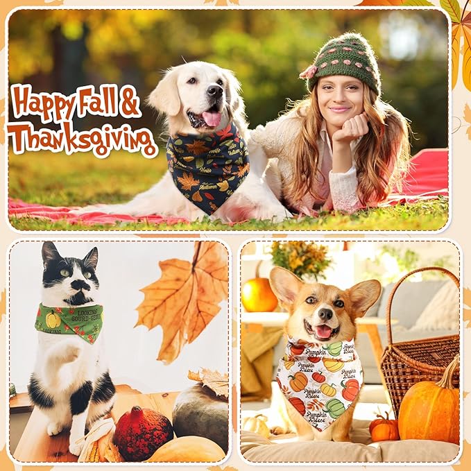 Kacctyen 200 Pcs Fall Dog Bandanas Bulk Thanksgiving Scarfs Adjustable Washable Pet Bibs Holiday Pet Costume Accessories for Small Medium Large Dogs Cats Grooming Supplies