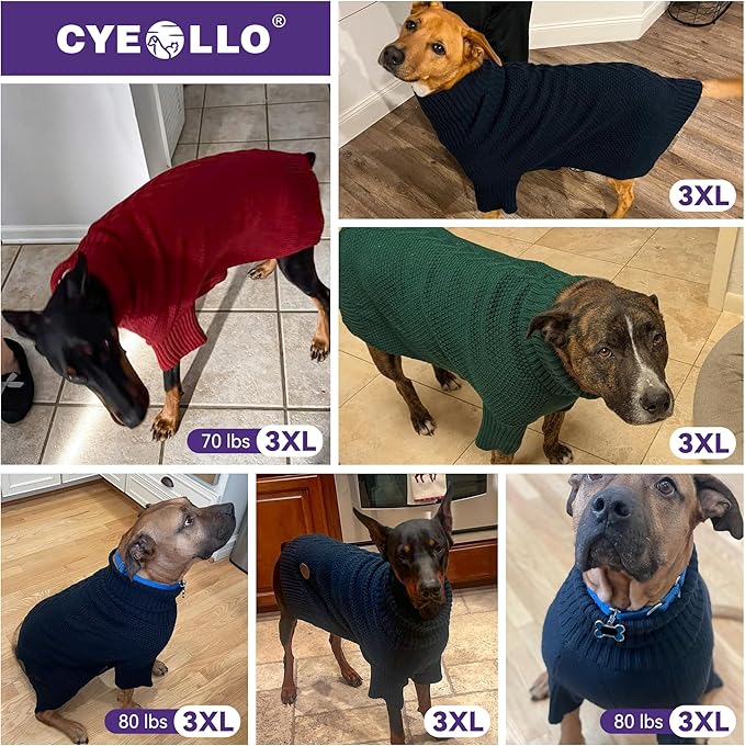 cyeollo Dog Sweater Knitwear Pullover Sweaters with Leash Hole Turtleneck Fall Winter Dog Clothes Sweaters for Large Dogs, Grey XXXL