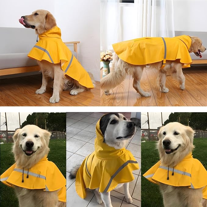 NACOCO Large Dog Raincoat Adjustable Pet Water Proof Clothes Lightweight Rain Jacket Poncho Hoodies with Strip Reflective (L, Yellow)