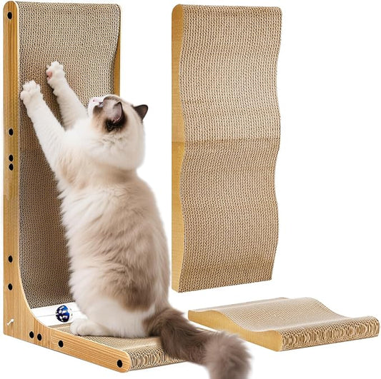 Cat Scratcher with Replacement Cardboard, 27.6" L Shape Wall Mounted Cardboard Cat Scratchers for Indoor Cats, Large Protecting Furniture Cat Scratch Pad with Ball Toy, Catnip