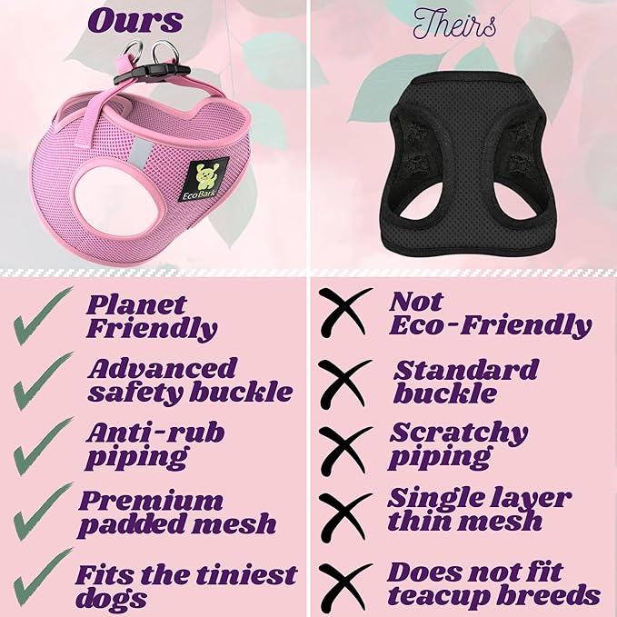 EcoBark Teacup Dog Harness - Step in Dog Harness for XXS, XS, and Small Dogs - Eco-Friendly Soft Luxurious Mesh Halter Vest - No Pull Mini Chest Body Collar - for Puppy & Toy Breeds (XXS, Baby Pink)