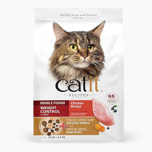 Catit Recipes Double Fusion Weight Control Cat Food – Chicken Recipe, High-Protein, Freeze-Dried Raw Toppings, No by-Products, Minimally Processed, Balanced Nutrition, 10 lb