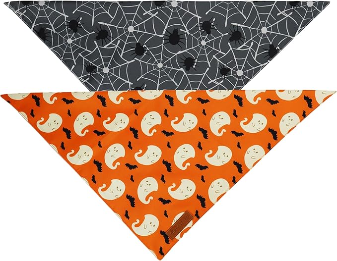 Realeaf Halloween Dog Bandanas 2 Pack, Spider Web Ghosts Bibs, Triangle Reversible Fall Pet Scarf, Premium Durable Fabric, Adjustable Fit (Halloween, Large)