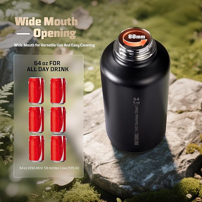 OneTigris Tactical Half Gallon Water Bottle with Straw - 64 oz Vacuum Insulated Stainless Steel Water Jug, Leakproof Sport Bottle with 3 BPA Free Lids, Paracord Handle & MOLLE Water Pouch for Outdoor