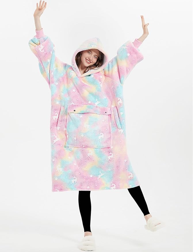 KFUBUO Wearable Blanket Hoodie for Adult Long Sherpa Glow in the Dark Oversized Hoodie Sweatshirt Blanket Christmas Gift Ideas