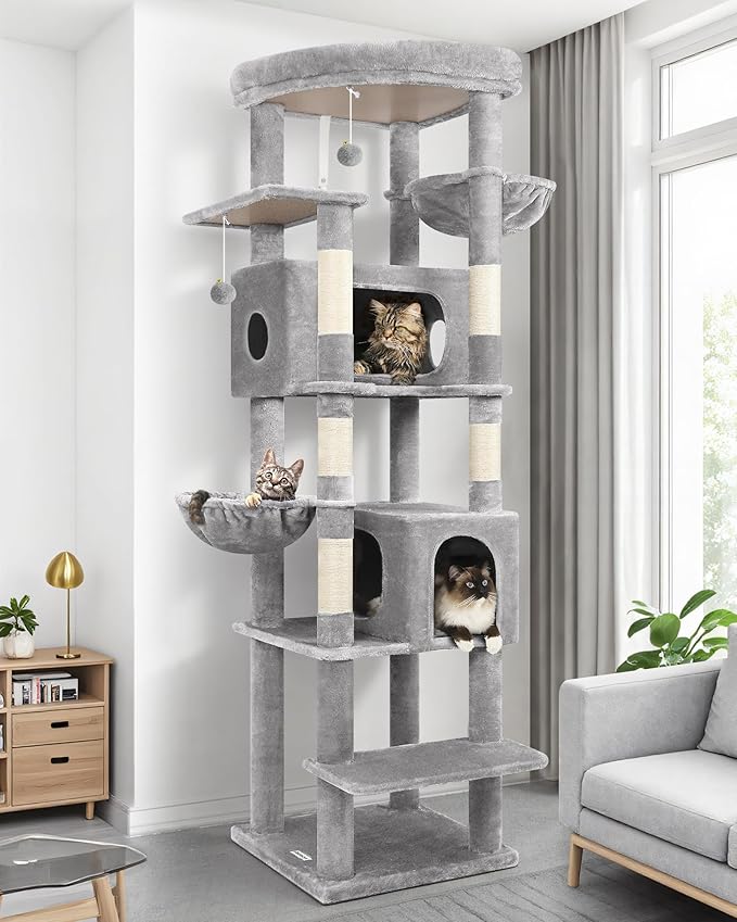 Globlazer Heavy Duty Cat Tree, 74in Sturdy Cat Tower for Large Cats Adult, Big Cat Tree with 5 Sisal Scratching Posts, 2 Padded Condos, 2 Dual-Ear Hanging Baskets, Enlarged Top Perch, S74, Light Grey