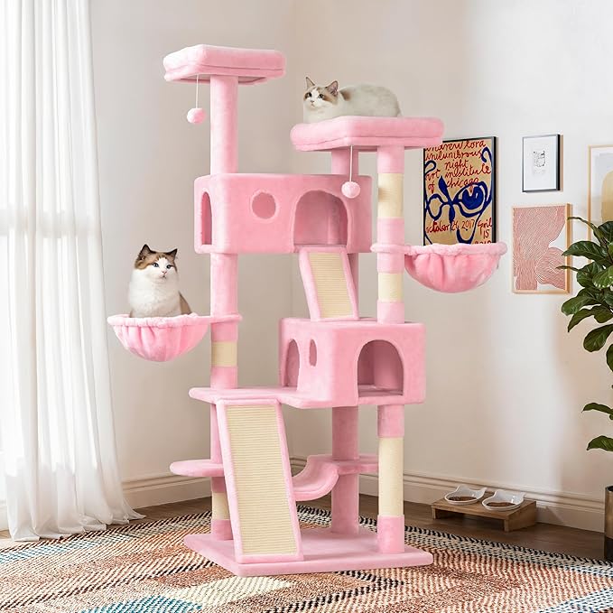 SHA CERLIN 65in Larger Cat Tree Tower Condo for Indoor Kitties/Multi-Level Furniture Activity Center with Wide Base/Cozy Plush Cat Perches/Baskets/Sisal Scratching Posts and Hammock/Pink